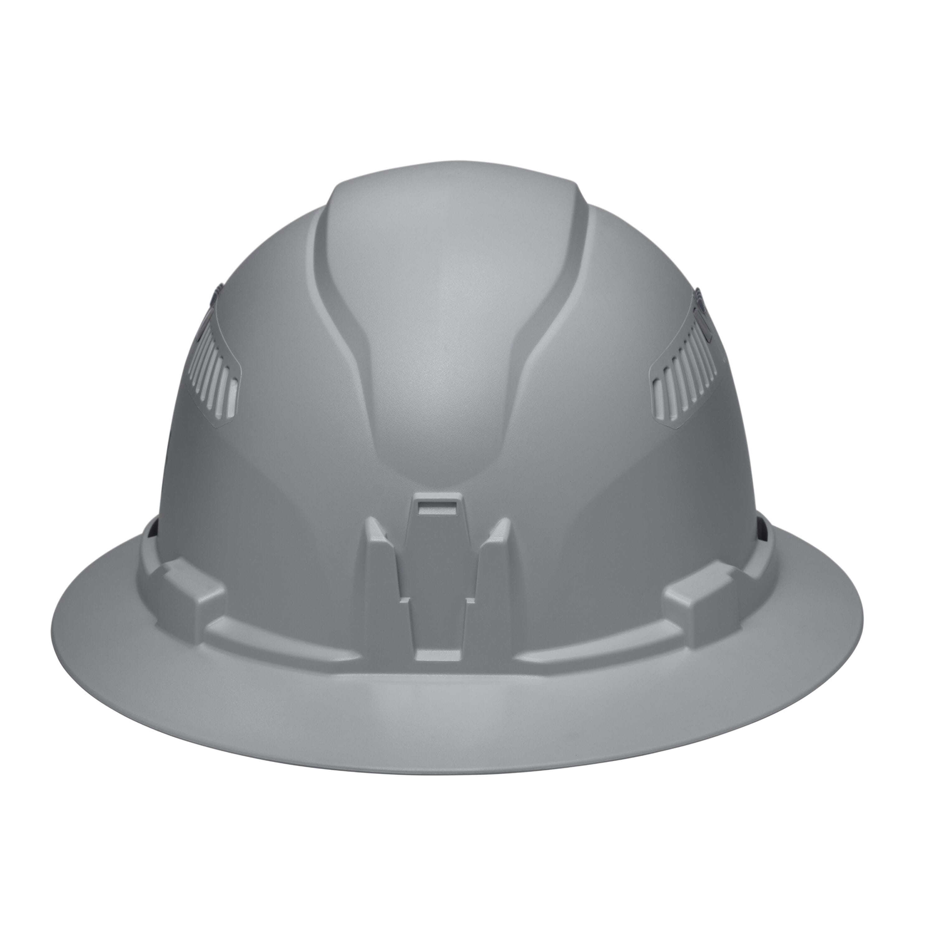 Front profile view of the Klein 60864BR gray hard hat featuring the built-in accessory mount for strap-free headlamp attachment.