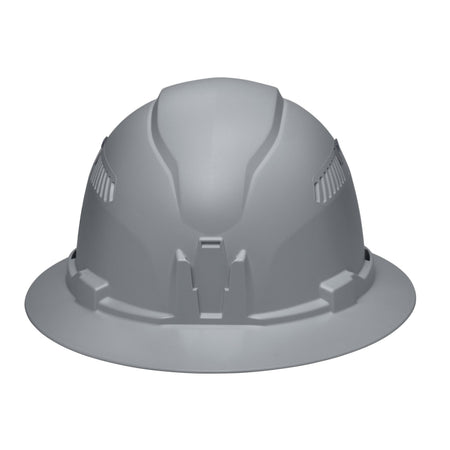 Front profile view of the Klein 60864BR gray hard hat featuring the built-in accessory mount for strap-free headlamp attachment.