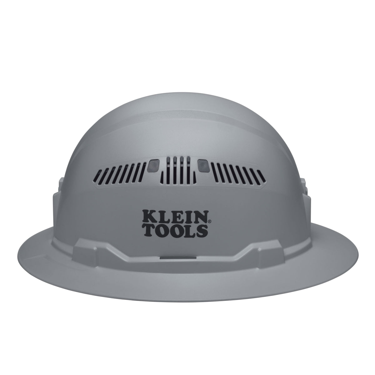 Side view of the Klein 60864BR gray full brim hard hat displaying the stamped logo, side vents, and universal accessory slots.