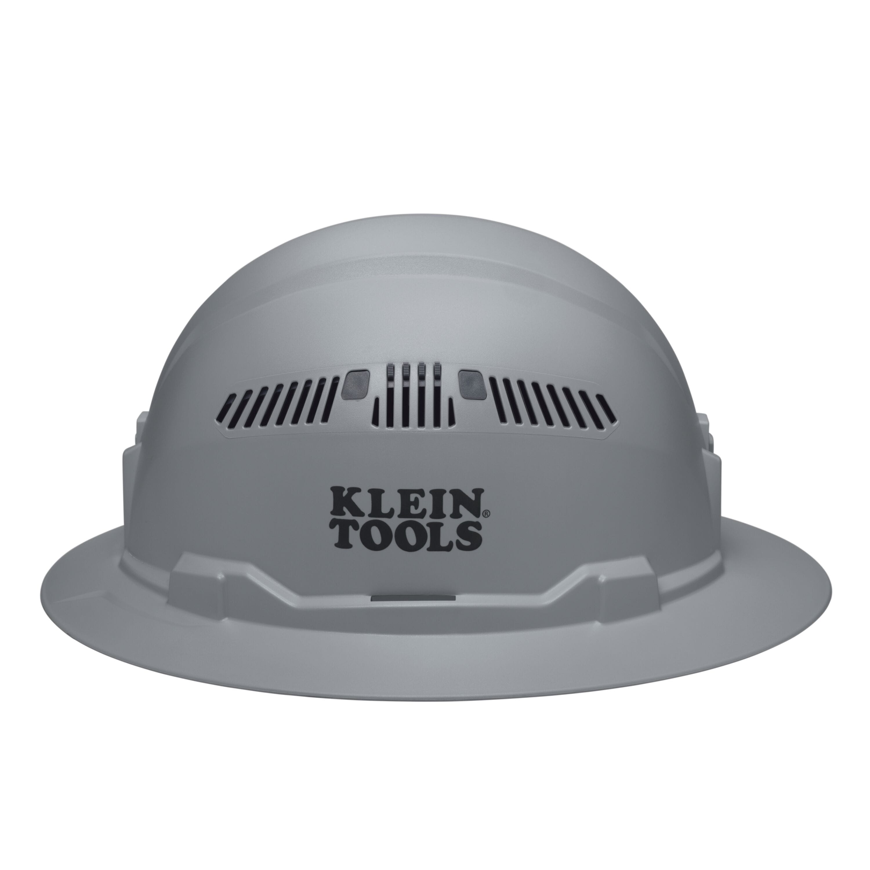 Side view of the Klein 60864BR gray full brim hard hat displaying the stamped logo, side vents, and universal accessory slots.