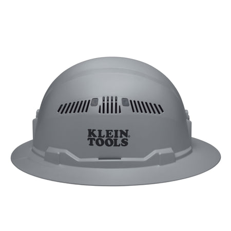 Side view of the Klein 60864BR gray full brim hard hat displaying the stamped logo, side vents, and universal accessory slots.