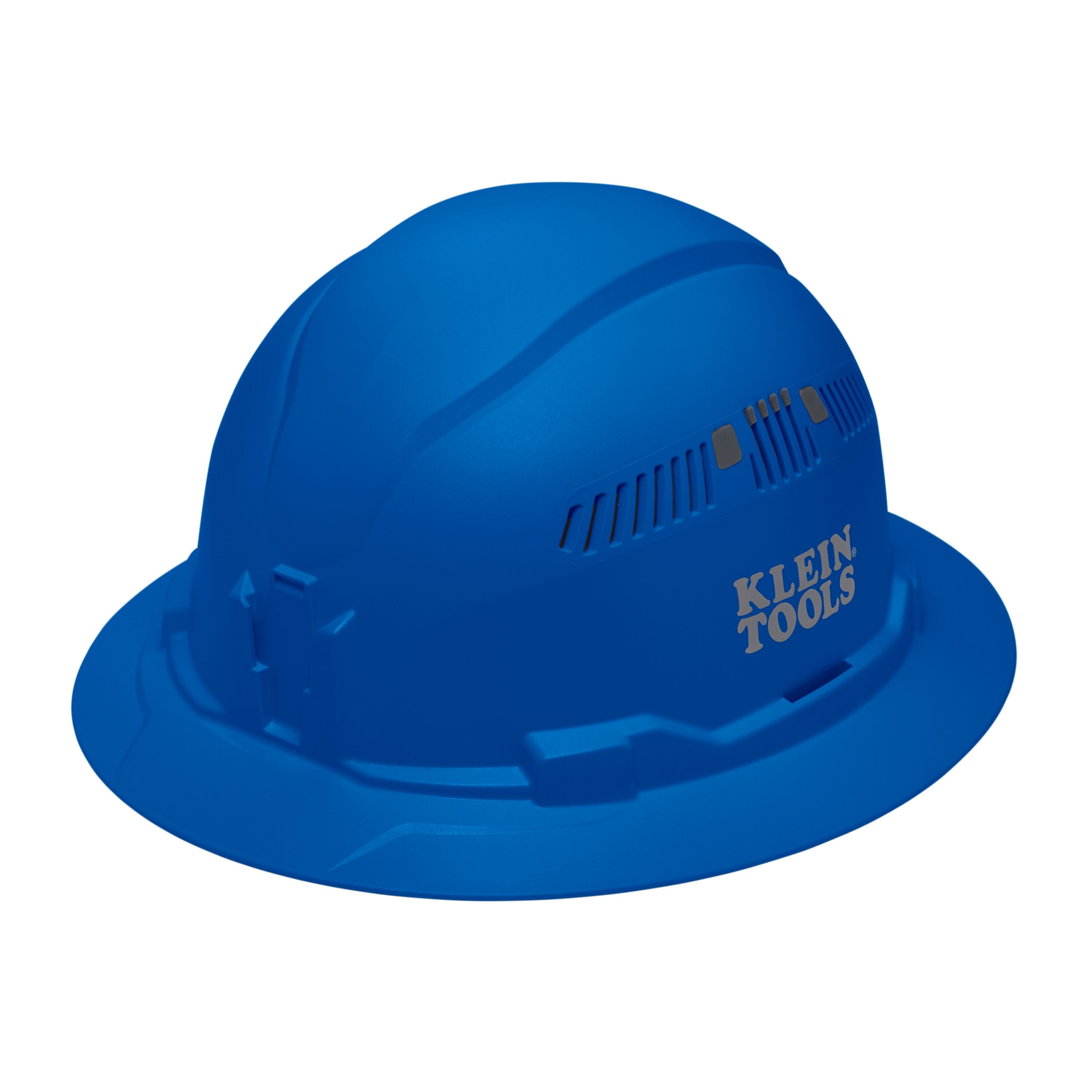 Klein 60871BR blue vented full brim safety hard hat featuring PC/ABS composite impact construction and adjustable side air vents.