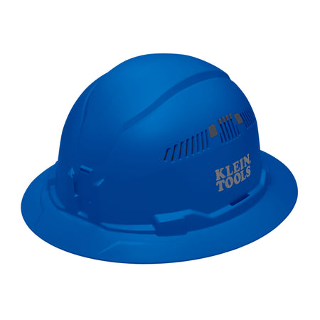 Klein 60871BR blue vented full brim safety hard hat featuring PC/ABS composite impact construction and adjustable side air vents.