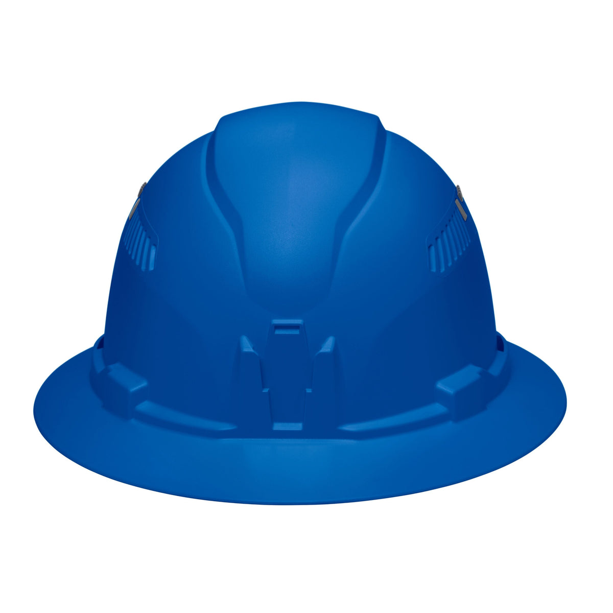 Front profile view of the Klein 60871BR blue hard hat featuring the built-in accessory mount for strap-free headlamp attachment.