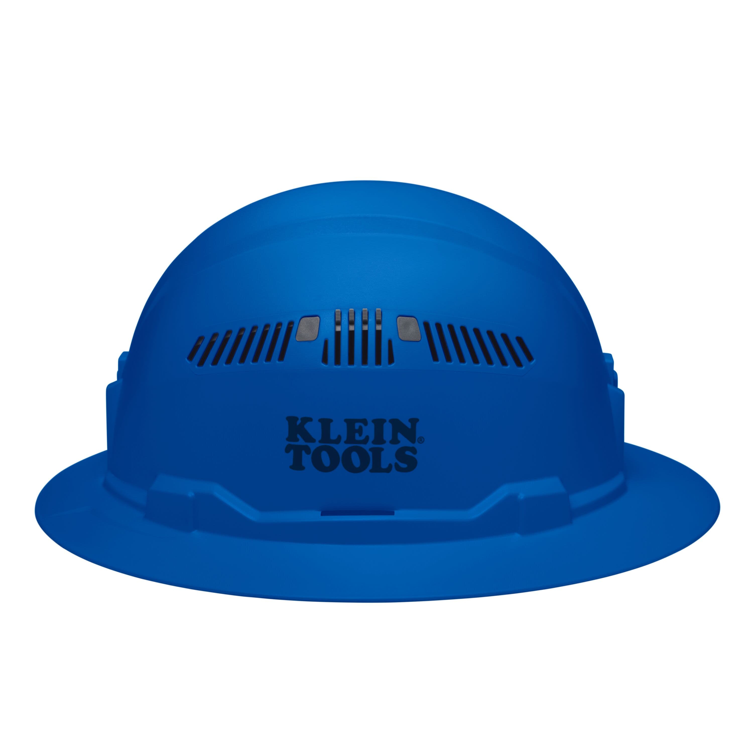 Side view of the Klein 60871BR blue full brim hard hat displaying the stamped logo, side vents, and universal accessory slots.