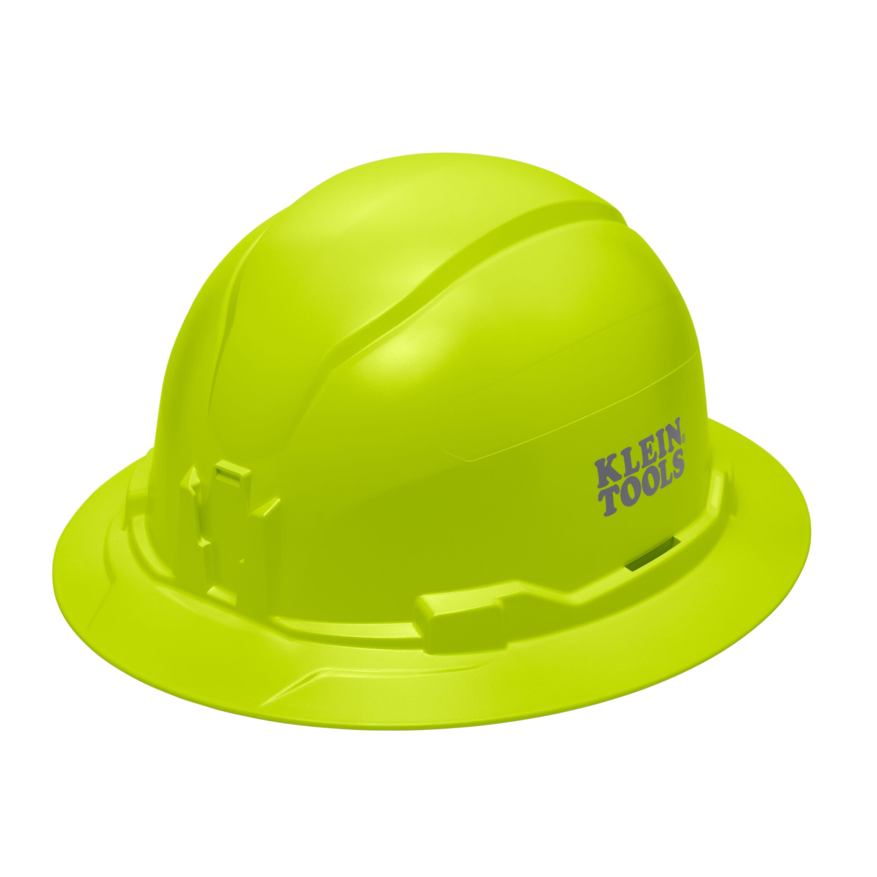 Klein 60910 hi-vis lime non-vented full brim safety hard hat featuring high-visibility PC/ABS composite construction and integrated headlamp mounts.