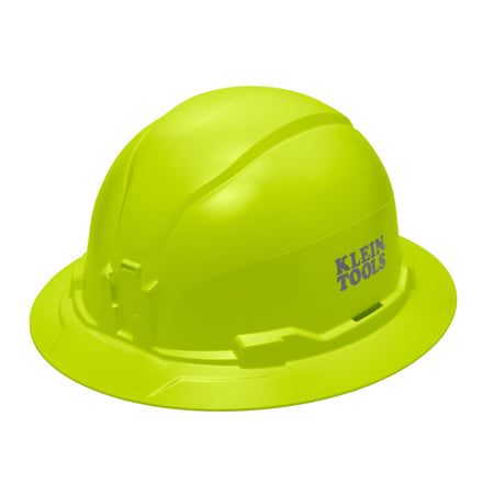 Klein 60910 hi-vis lime non-vented full brim safety hard hat featuring high-visibility PC/ABS composite construction and integrated headlamp mounts.