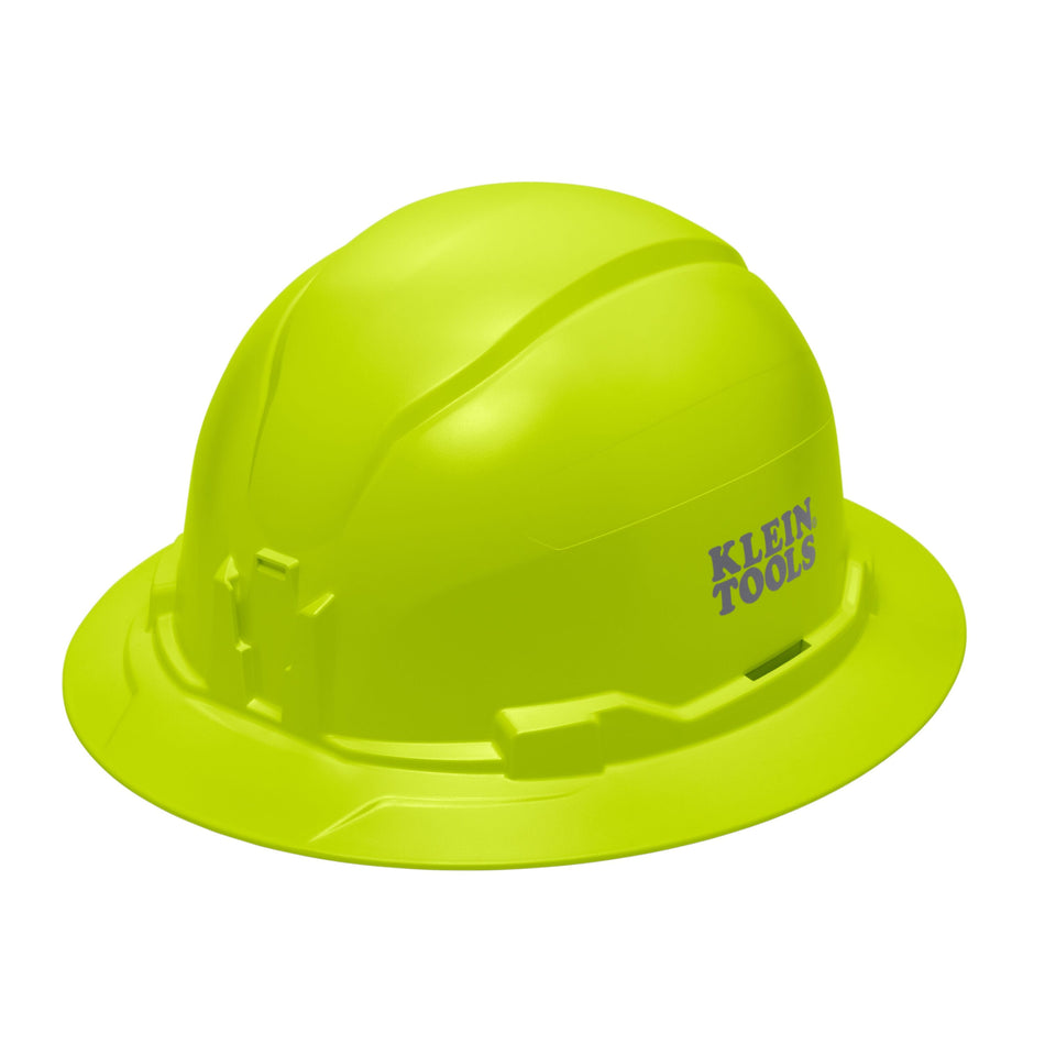 Klein 60910 hi-vis lime non-vented full brim safety hard hat featuring high-visibility PC/ABS composite construction and integrated headlamp mounts.