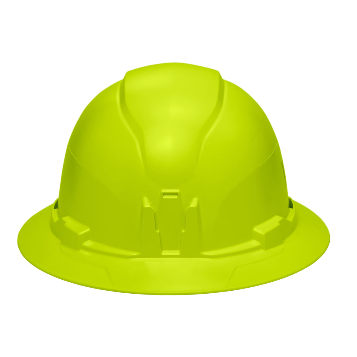Front profile view of the Klein 60910 hi-vis lime hard hat highlighting the patented built-in accessory mount for strap-free headlamp attachment.