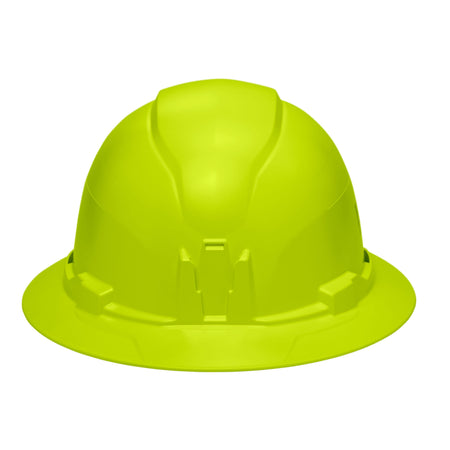 Front profile view of the Klein 60910 hi-vis lime hard hat highlighting the patented built-in accessory mount for strap-free headlamp attachment.