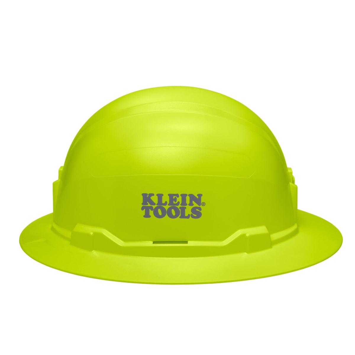 Side view of the Klein 60910 high-visibility lime full brim hard hat displaying the stamped Klein Tools logo and universal accessory slots.
