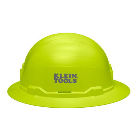 Side view of the Klein 60910 high-visibility lime full brim hard hat displaying the stamped Klein Tools logo and universal accessory slots.