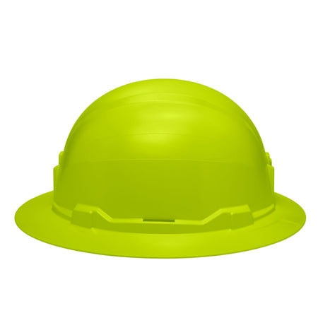 Side profile of the Klein 60910 hi-vis lime non-vented hard hat displaying the solid PC/ABS shell engineered for 20kV electrical dielectric isolation.