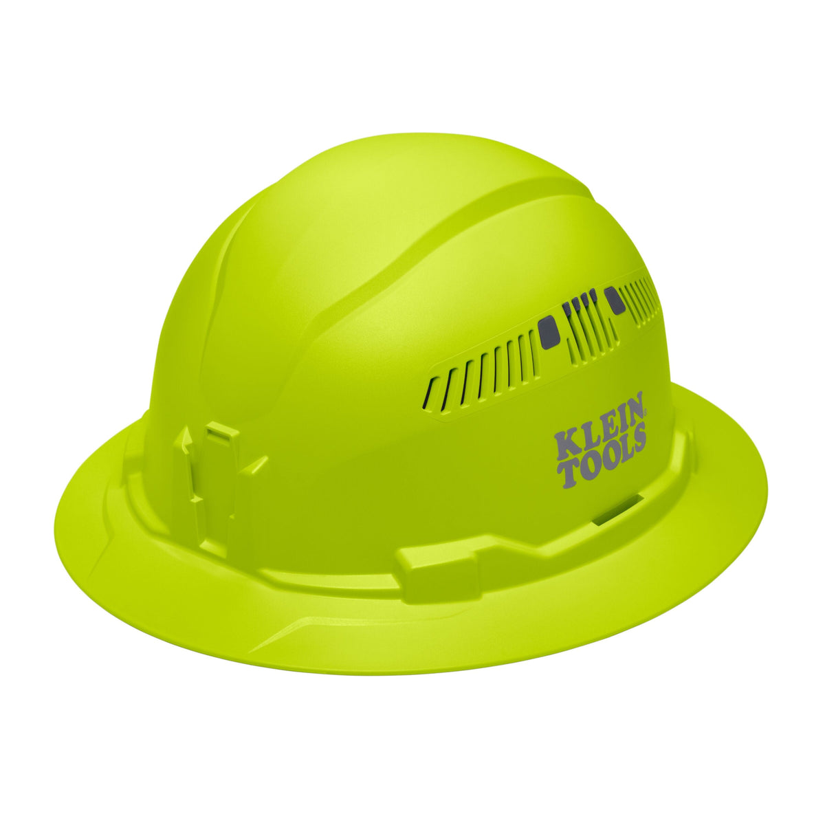 Klein 60911 hi-vis lime vented full brim safety hard hat featuring PC/ABS composite impact construction and adjustable side air vents.