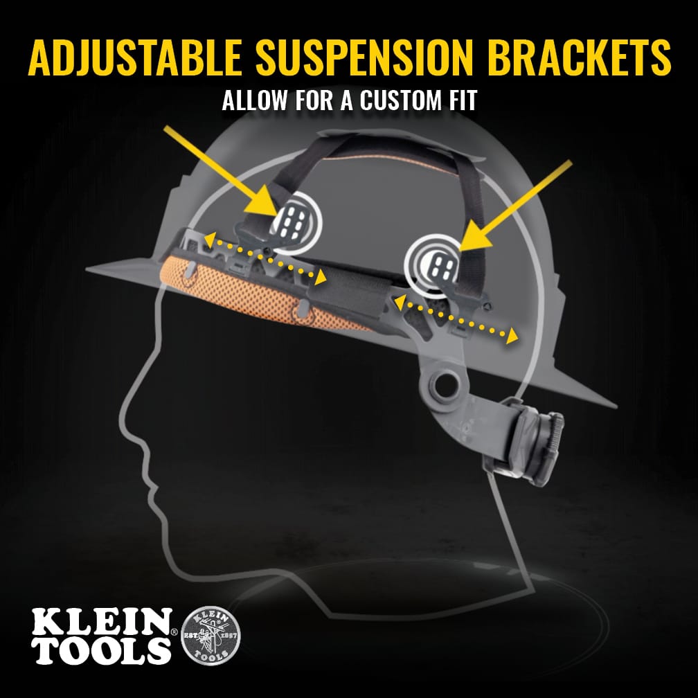 Diagram showing adjustable suspension brackets on the Klein 60911 hard hat engineered to deliver a customized, secure fit.