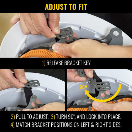 Step-by-step instruction guide demonstrating how to release, adjust, and lock the suspension bracket keys on the Klein 60911 hard hat.