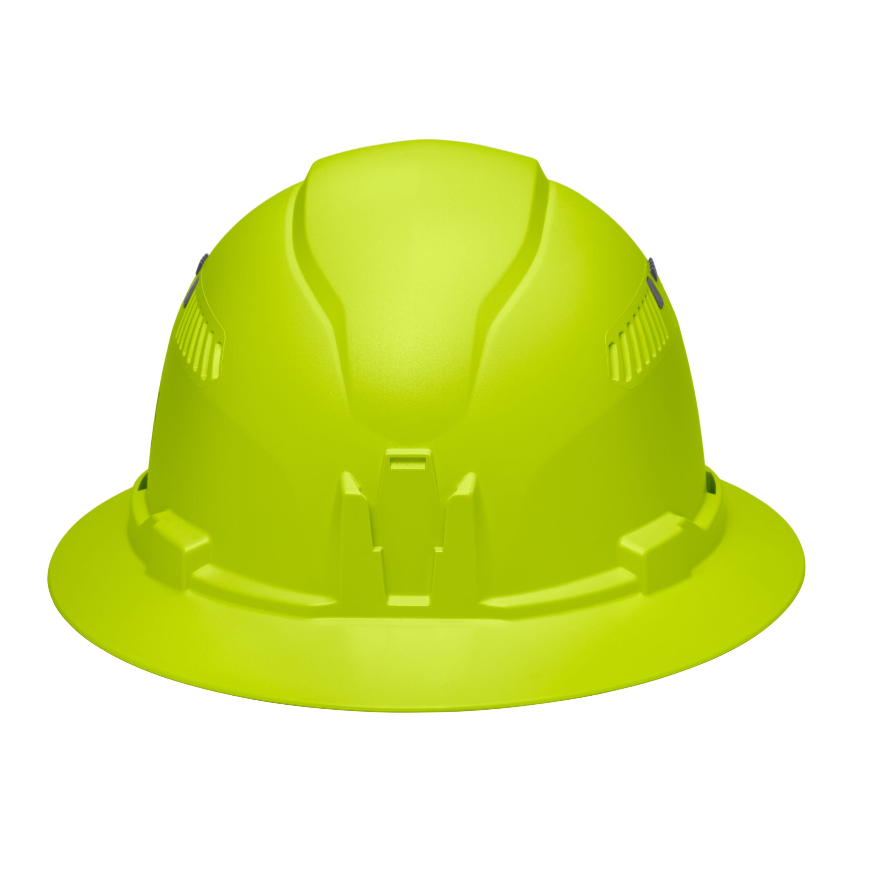 Front profile view of the Klein 60911 hi-vis lime hard hat featuring the built-in accessory mount for strap-free headlamp attachment.