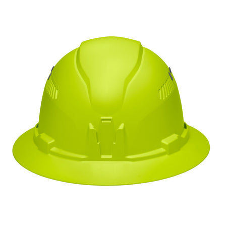 Front profile view of the Klein 60911 hi-vis lime hard hat featuring the built-in accessory mount for strap-free headlamp attachment.