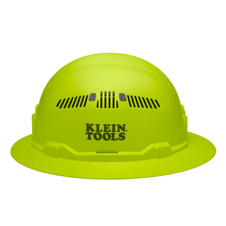 Side view of the Klein 60911 high-visibility lime full brim hard hat displaying the stamped logo, side vents, and universal accessory slots.