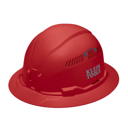 Klein 60921 red vented full brim safety hard hat featuring PC/ABS composite impact construction and adjustable side air vents.