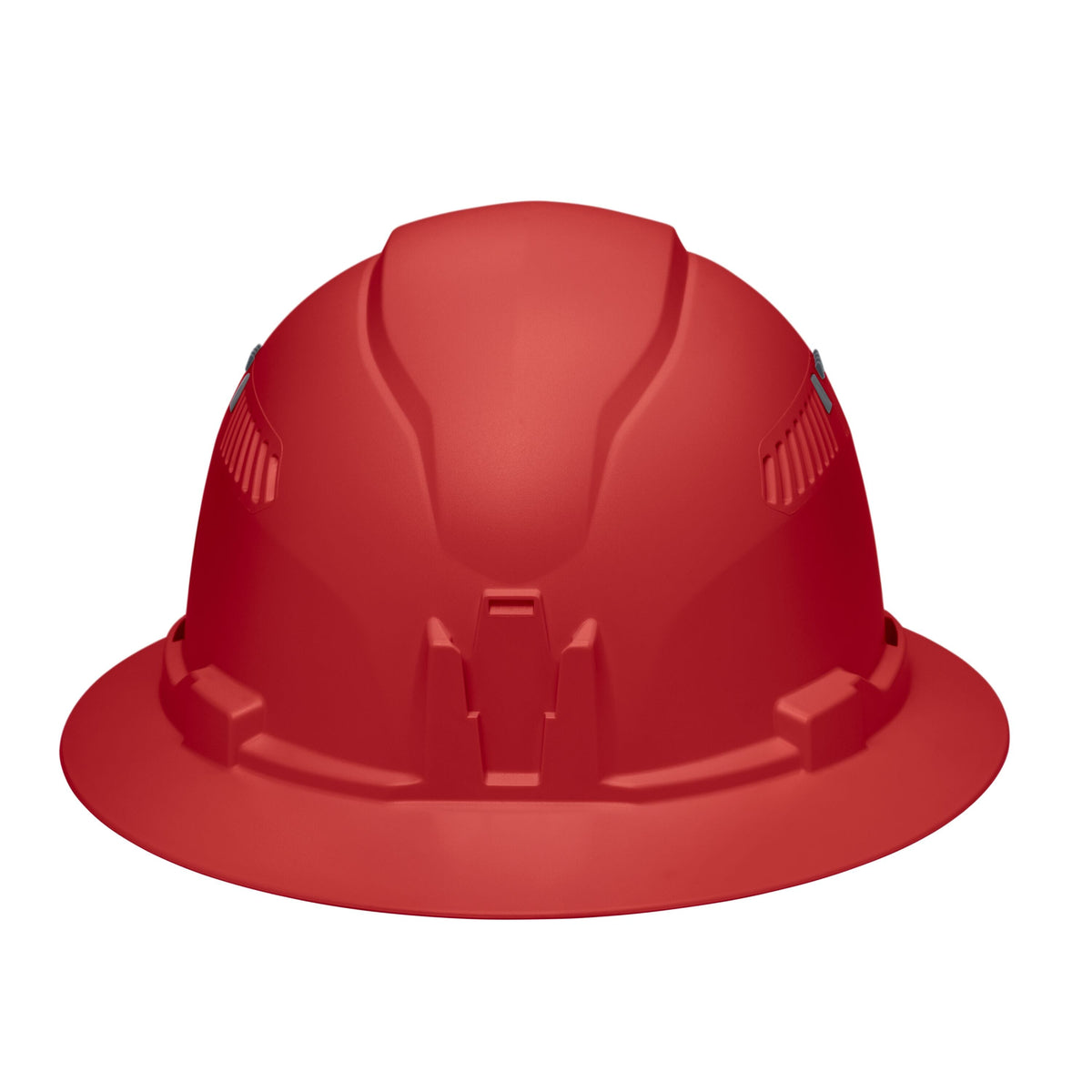 Front profile view of the Klein 60921 red hard hat featuring the built-in accessory mount for strap-free headlamp attachment.