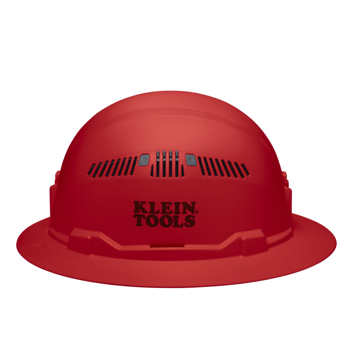 Side view of the Klein 60921 red full brim hard hat displaying the stamped logo, side vents, and universal accessory slots.