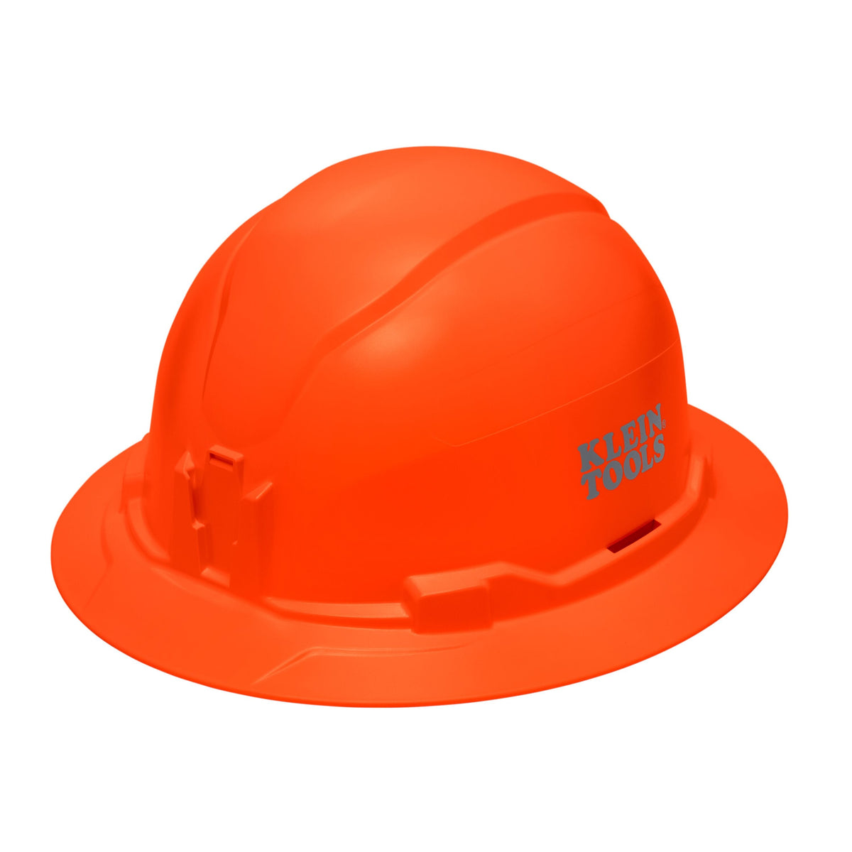 Klein 60930 hi-vis orange non-vented full brim safety hard hat featuring PC/ABS composite construction and integrated headlamp mounts.