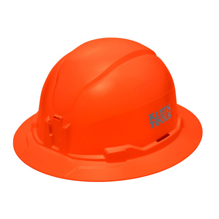 Klein 60930 hi-vis orange non-vented full brim safety hard hat featuring PC/ABS composite construction and integrated headlamp mounts.