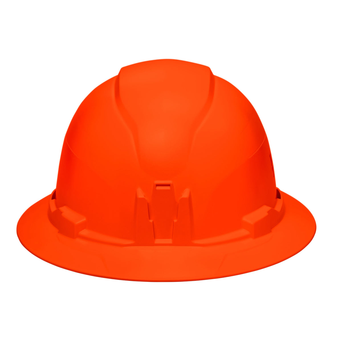 Front profile view of the Klein 60930 hi-vis orange hard hat highlighting the patented built-in accessory mount for strap-free headlamp attachment.