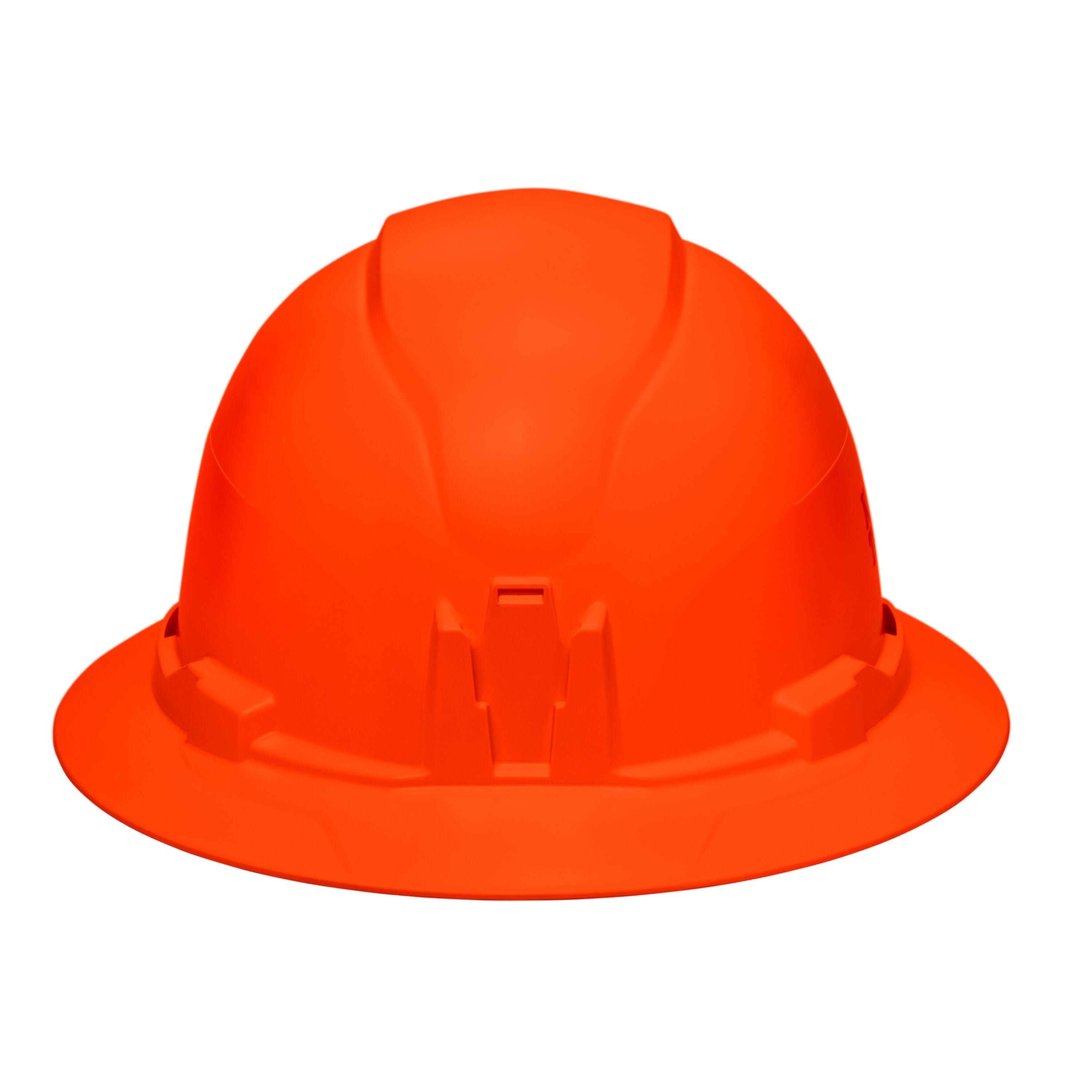 Front profile view of the Klein 60930 hi-vis orange hard hat highlighting the patented built-in accessory mount for strap-free headlamp attachment.