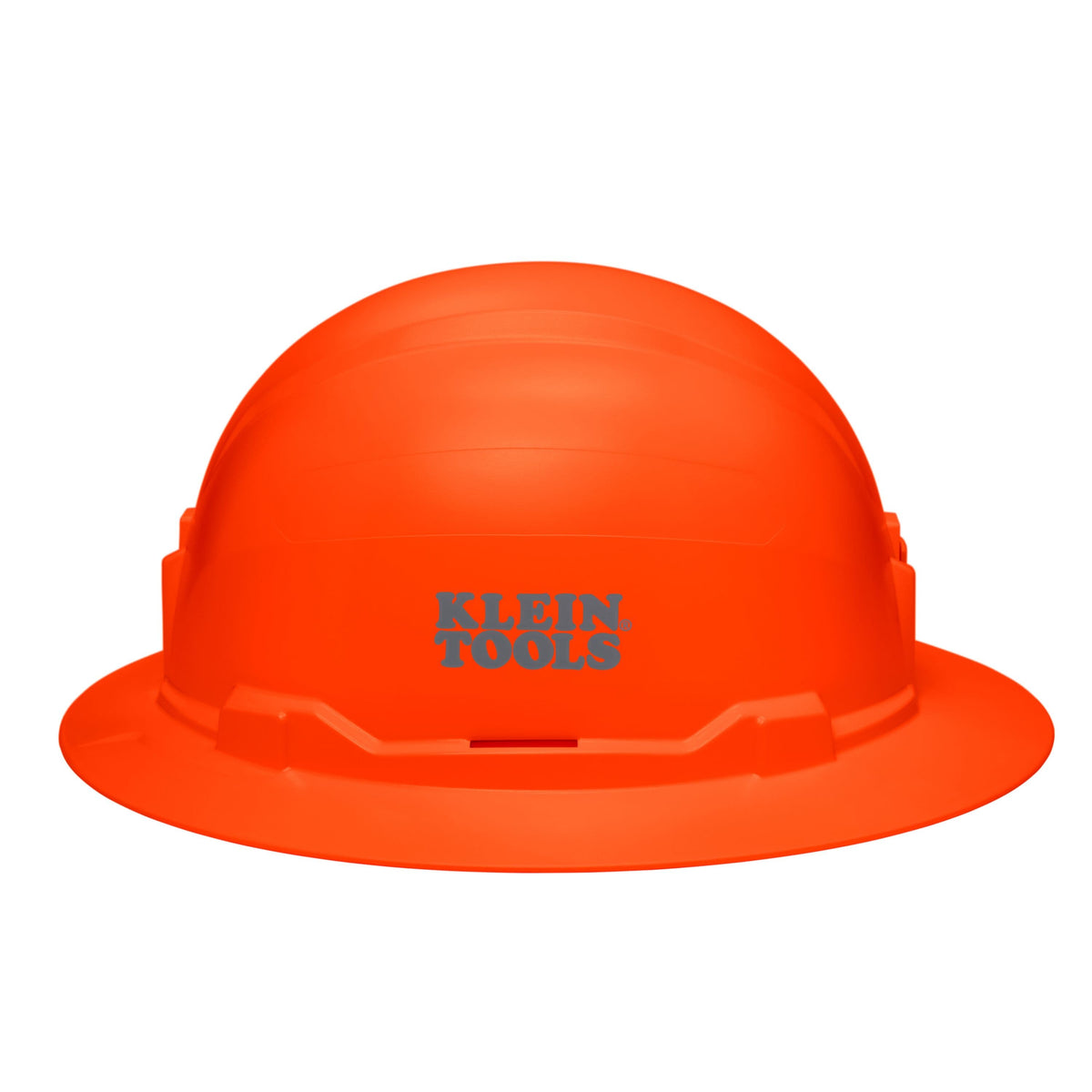 Side view of the Klein 60930 high-visibility orange full brim hard hat displaying the stamped Klein Tools logo and universal accessory slots.