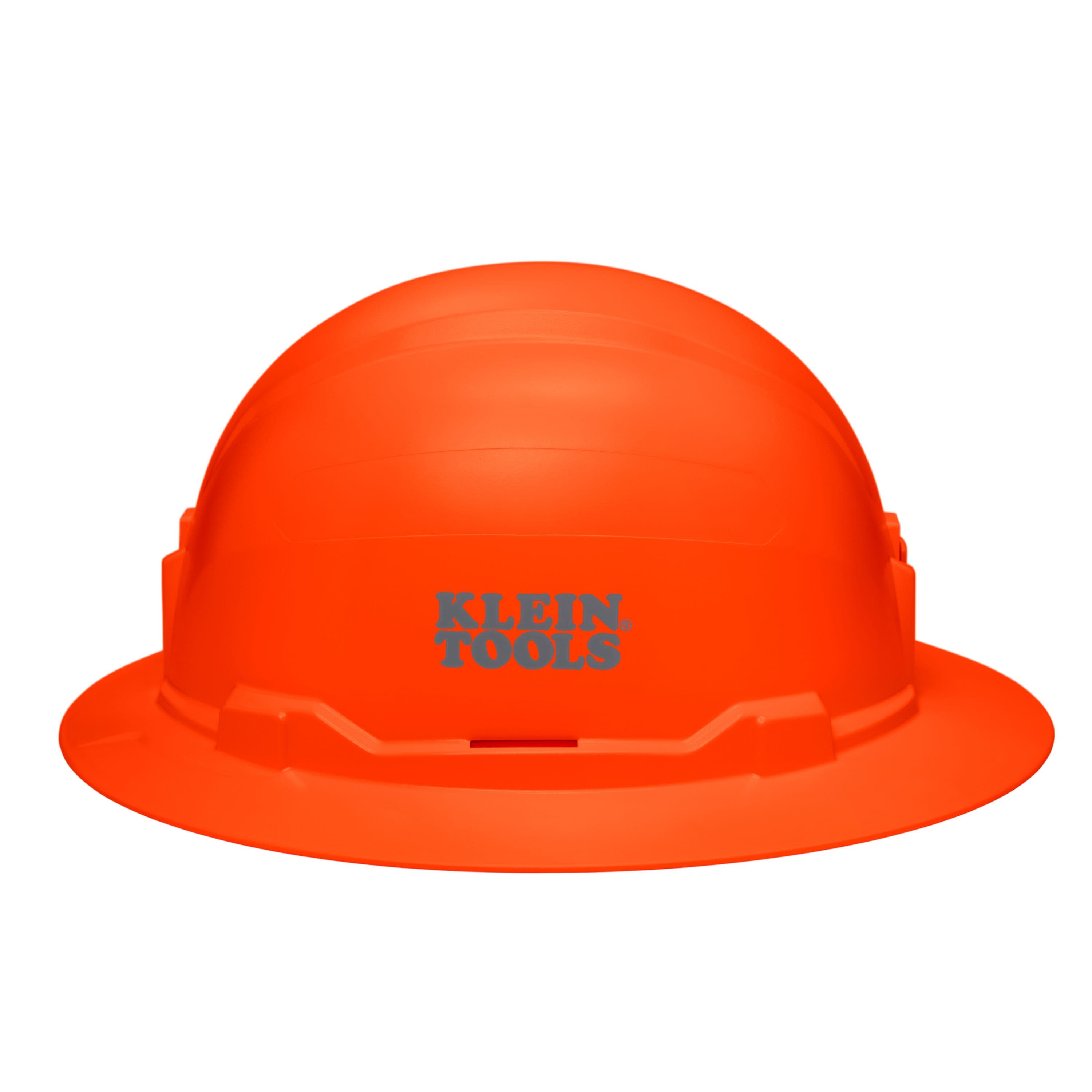 Side view of the Klein 60930 high-visibility orange full brim hard hat displaying the stamped Klein Tools logo and universal accessory slots.