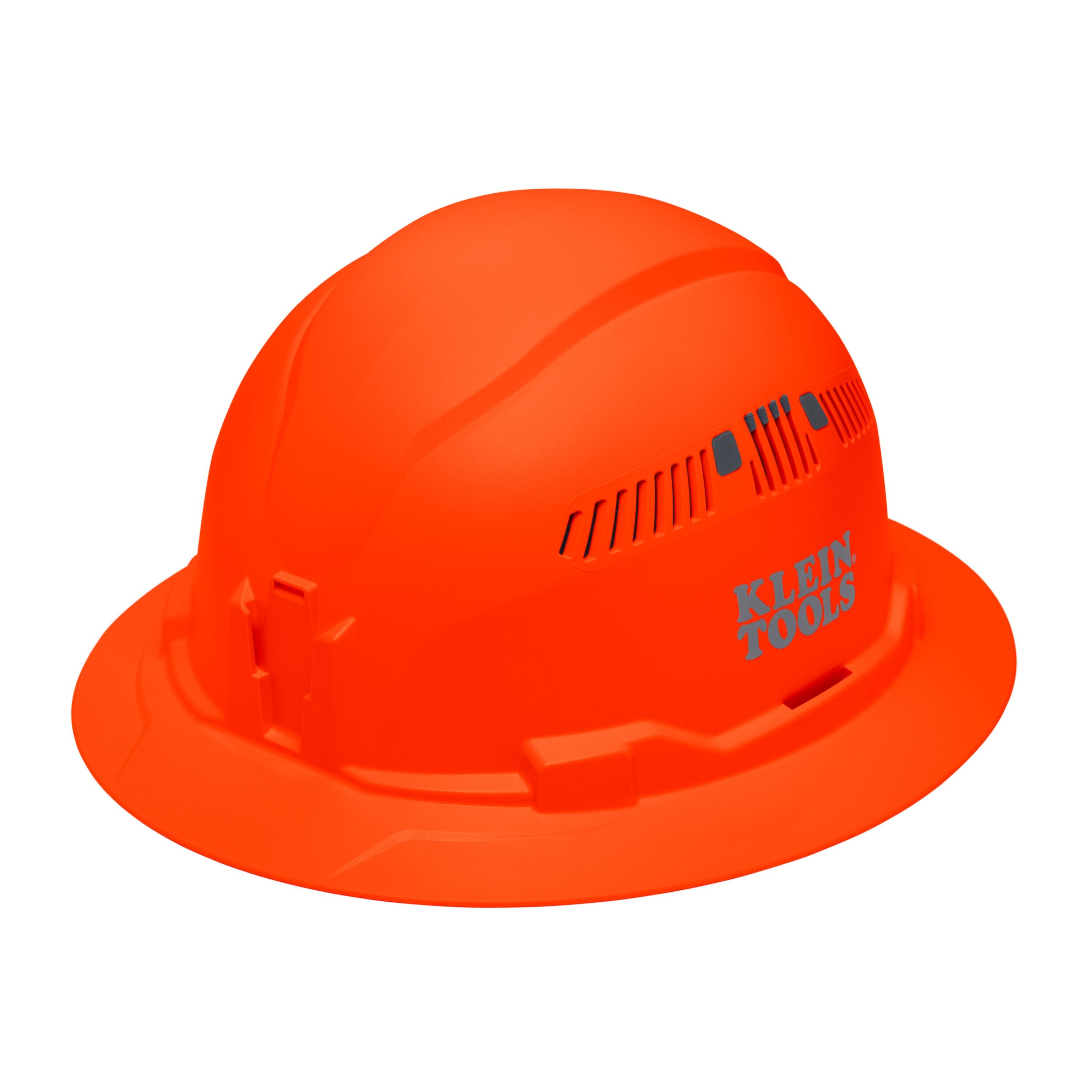 Klein 60931 hi-vis orange vented full brim safety hard hat featuring PC/ABS composite impact construction and adjustable side air vents.