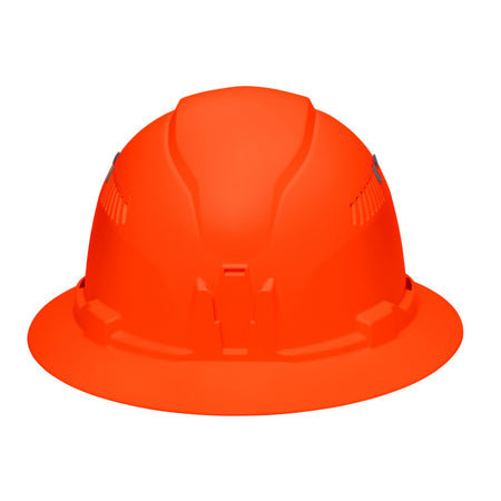 Front profile view of the Klein 60931 hi-vis orange hard hat featuring the built-in accessory mount for strap-free headlamp attachment.