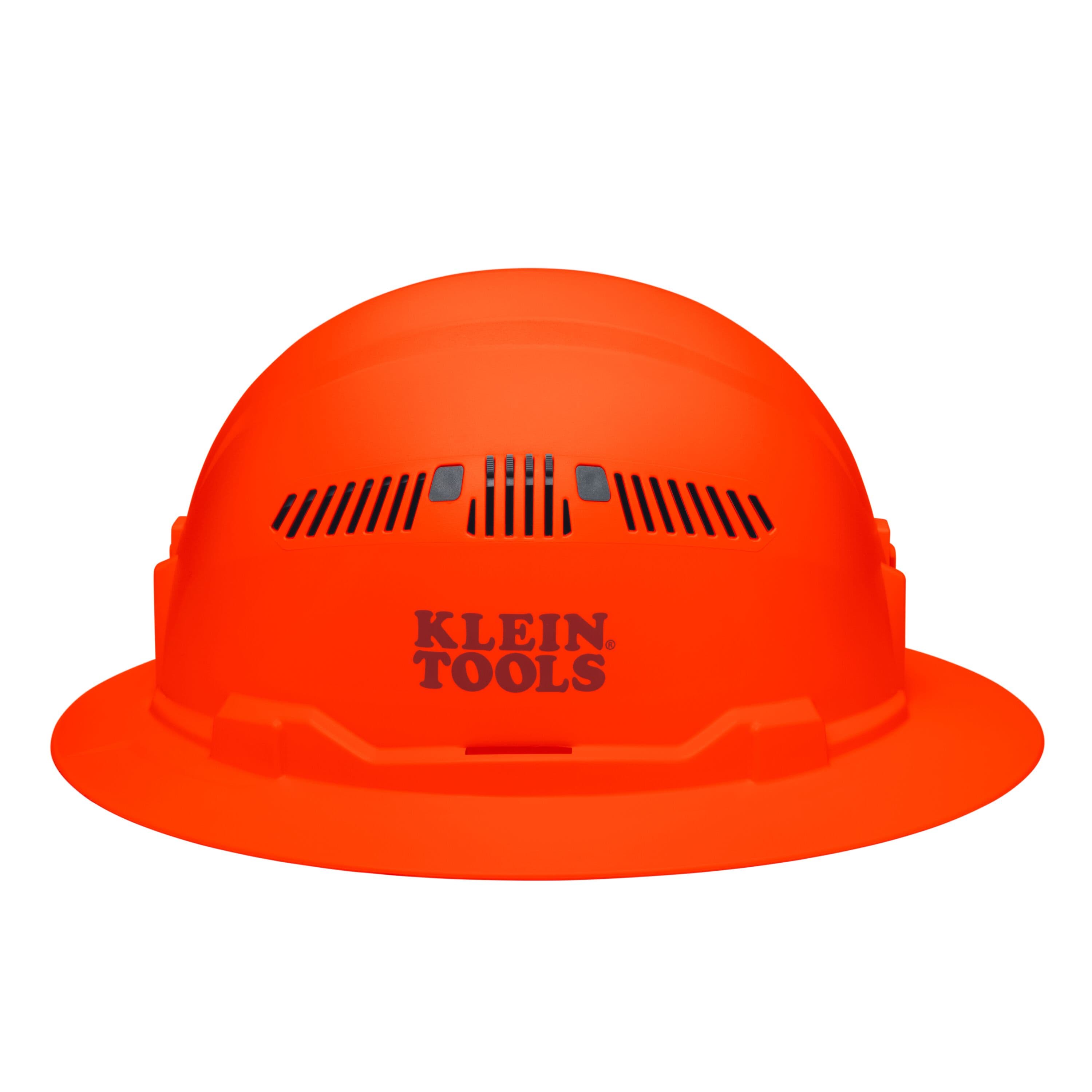 Side view of the Klein 60931 high-visibility orange full brim hard hat displaying the stamped logo, side vents, and universal accessory slots.