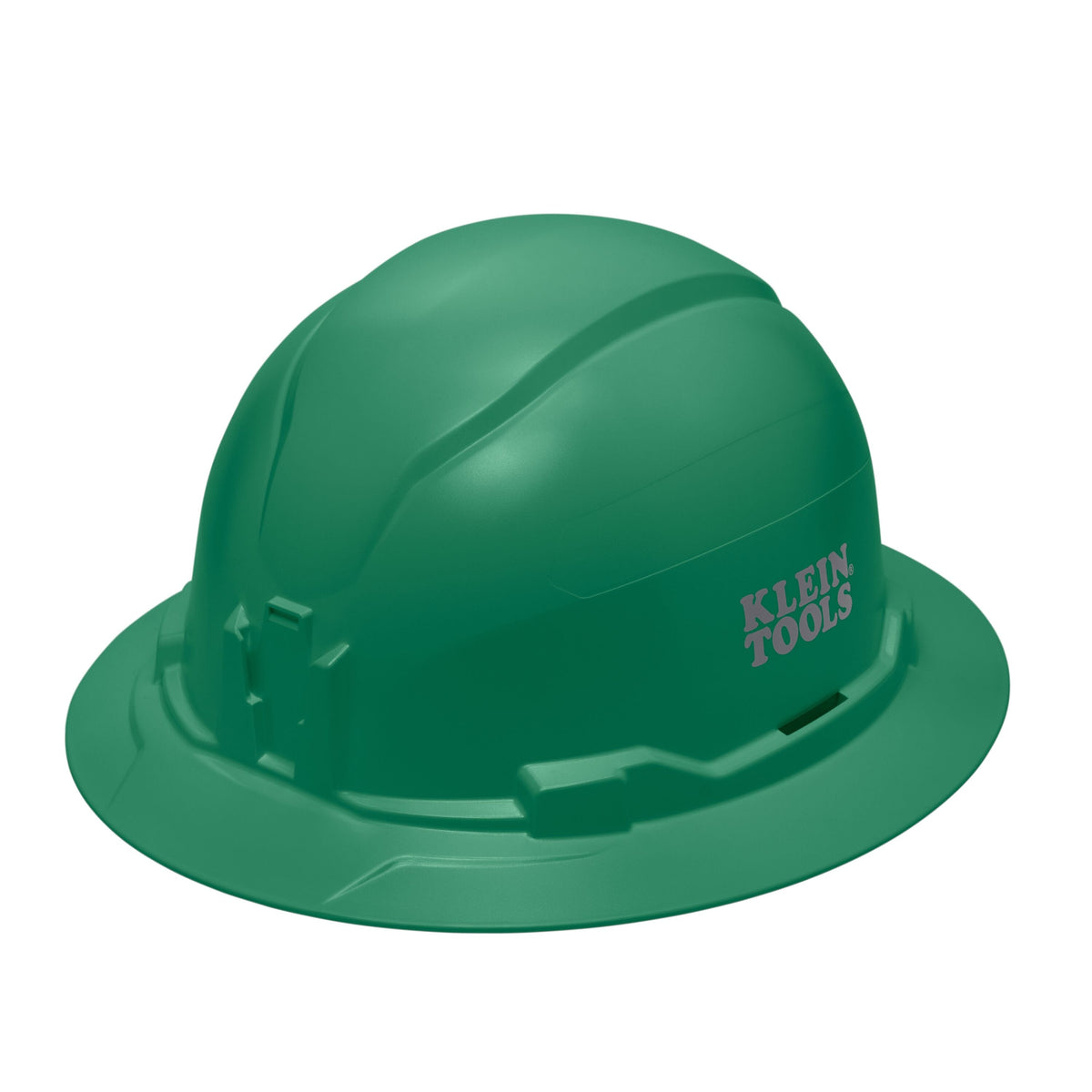 Klein 60940 green non-vented full brim safety hard hat featuring PC/ABS composite construction and integrated strap-free headlamp mounting brackets.