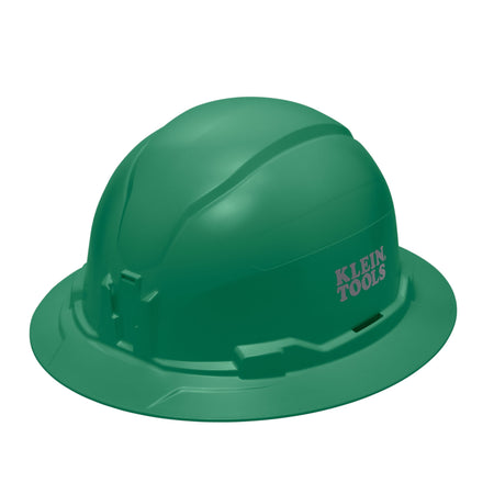 Klein 60940 green non-vented full brim safety hard hat featuring PC/ABS composite construction and integrated strap-free headlamp mounting brackets.