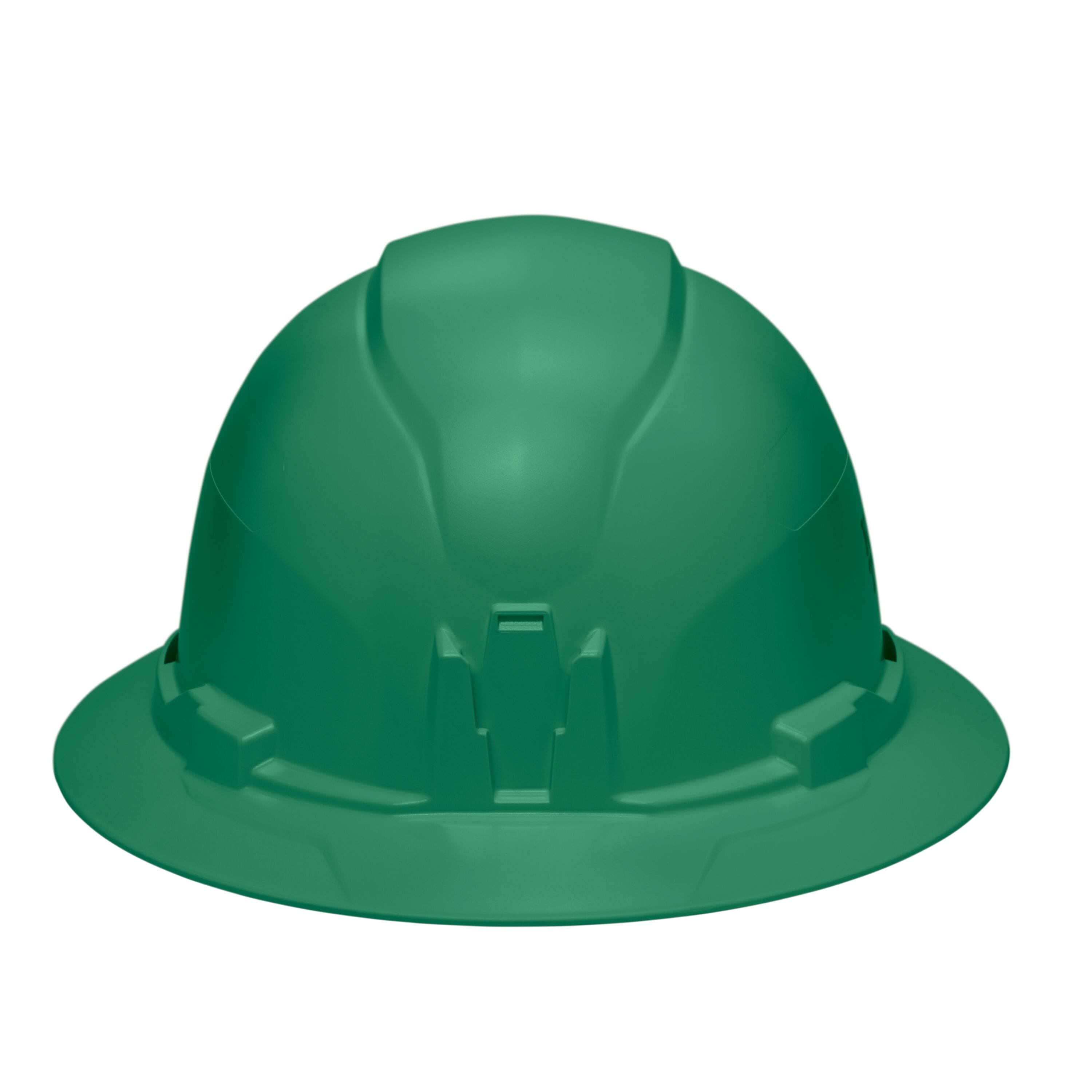 Front profile view of the Klein 60940 green hard hat highlighting the patented built-in accessory mount for strap-free headlamp attachment.