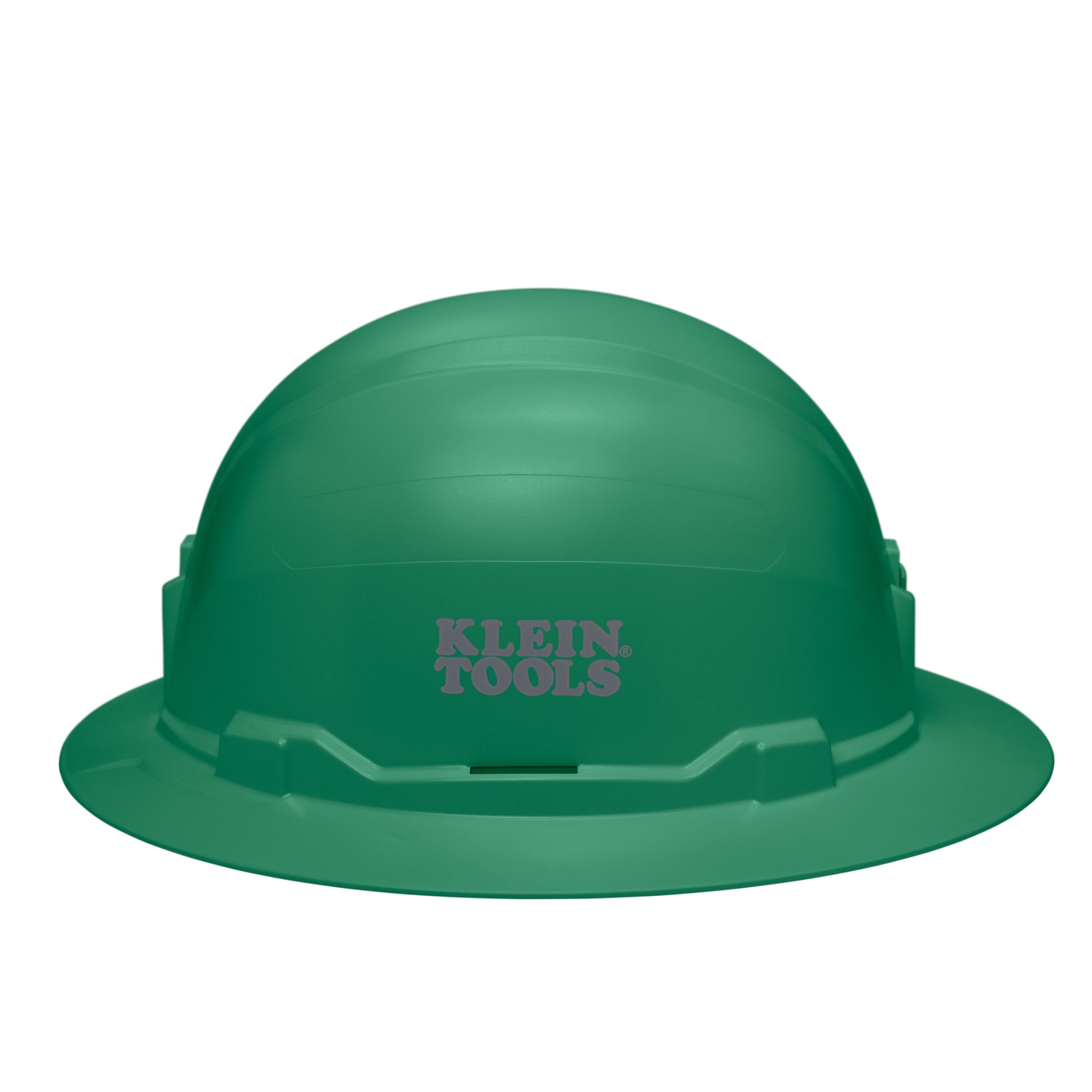 Side view of the Klein 60940 green full brim hard hat displaying the stamped Klein Tools logo and universal accessory slots.