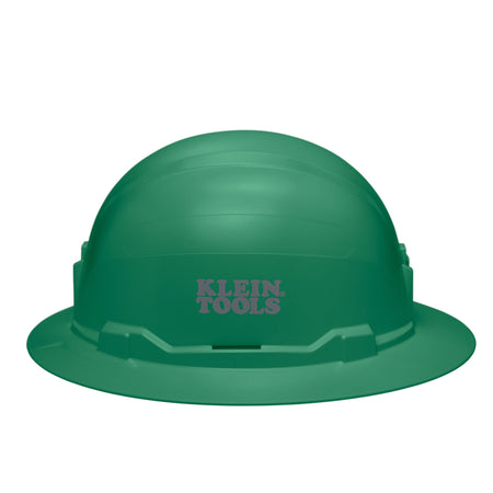 Side view of the Klein 60940 green full brim hard hat displaying the stamped Klein Tools logo and universal accessory slots.