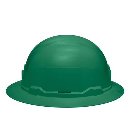 Side profile of the Klein 60940 green non-vented hard hat displaying the solid PC/ABS shell engineered for 20kV electrical dielectric isolation.
