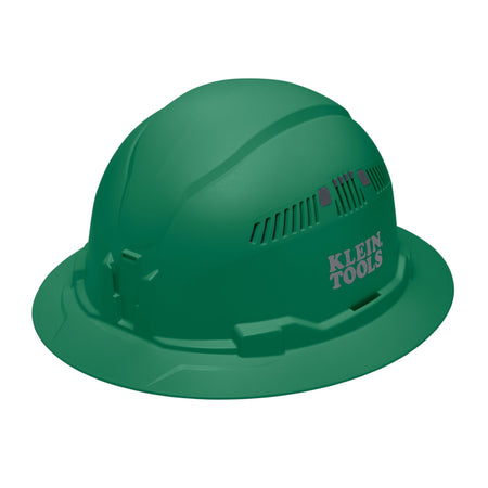 Klein 60941 green vented full brim safety hard hat featuring PC/ABS composite impact construction and adjustable side air vents.