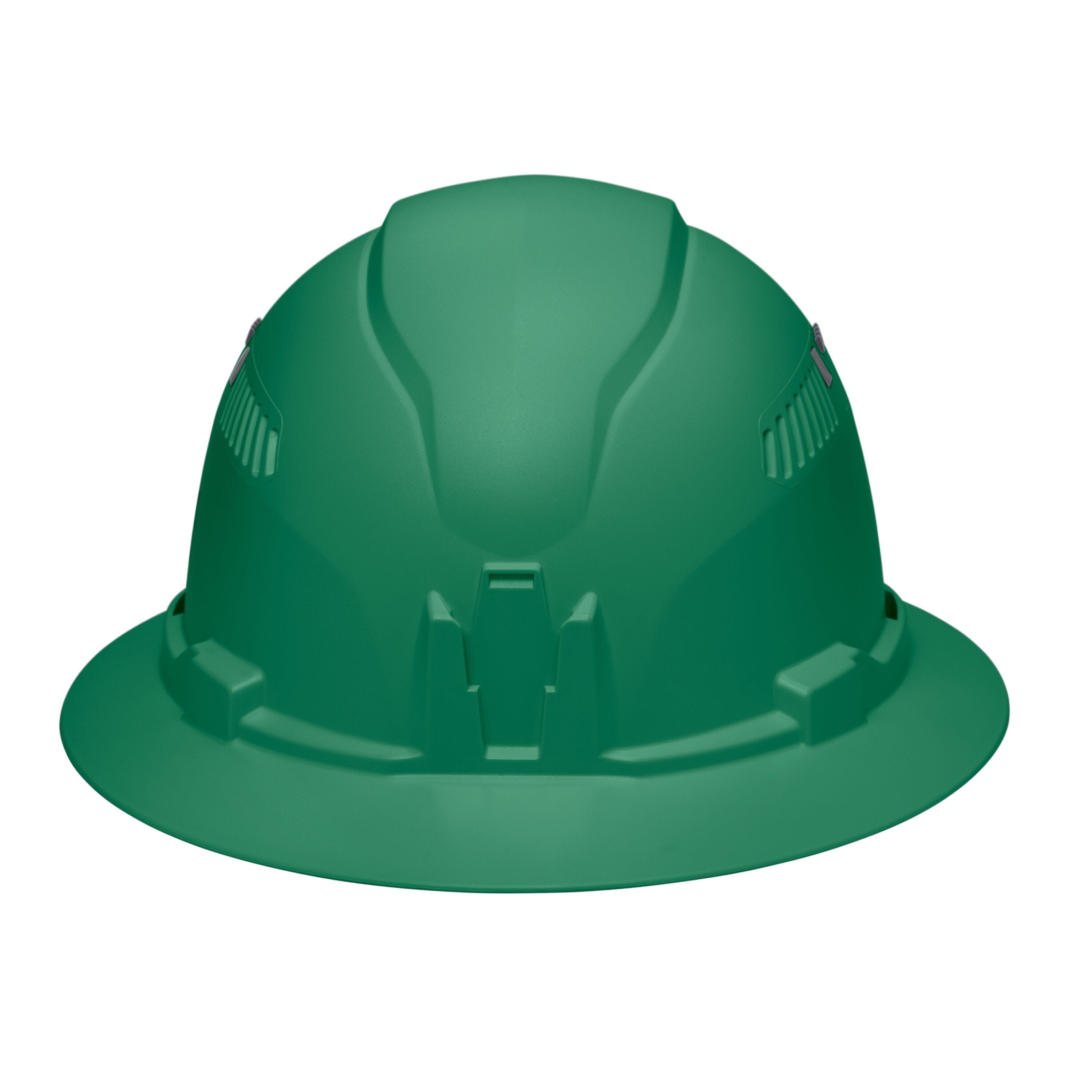 Front profile view of the Klein 60941 green hard hat featuring the built-in accessory mount for strap-free headlamp attachment.