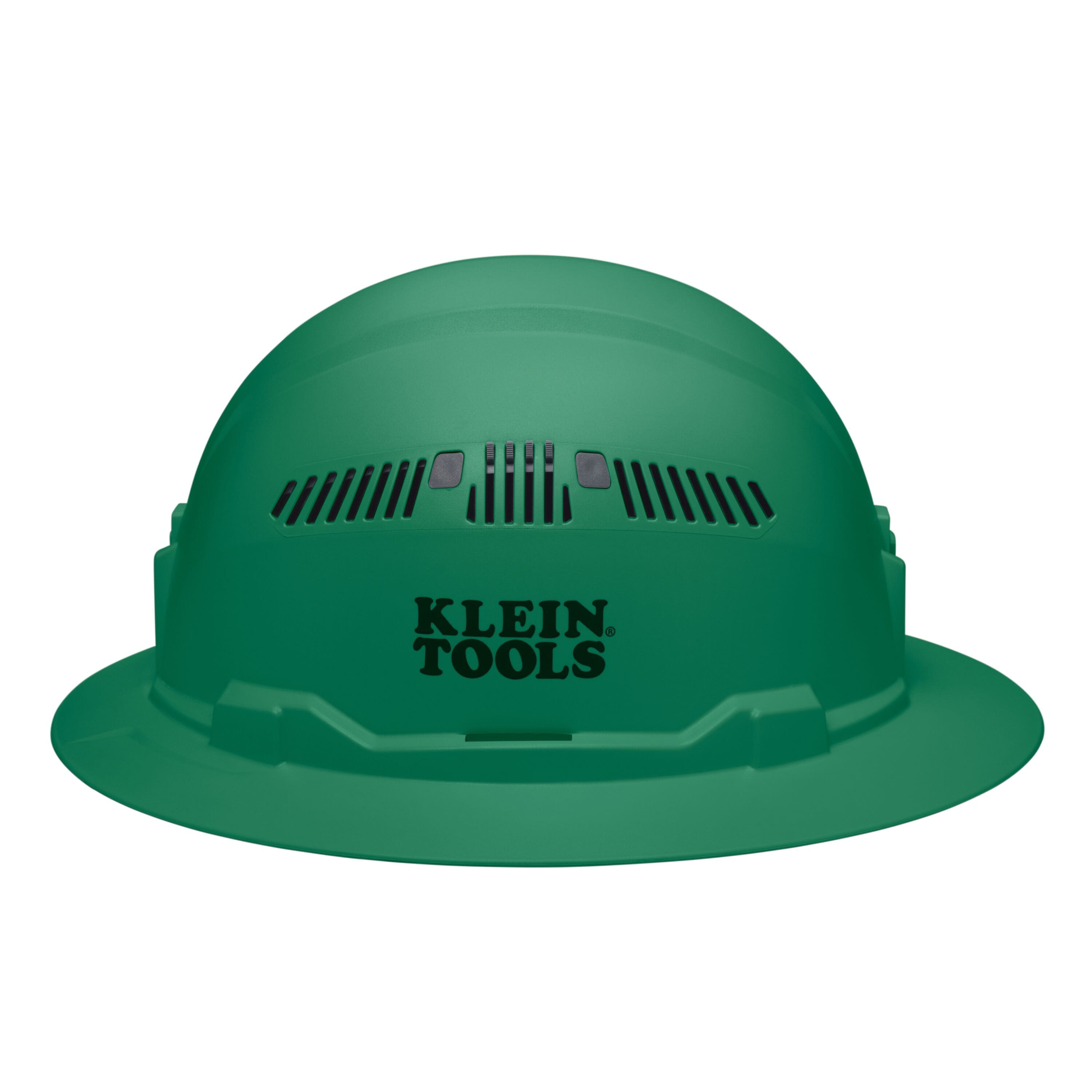 Side view of the Klein 60941 green full brim hard hat displaying the stamped logo, side vents, and universal accessory slots.