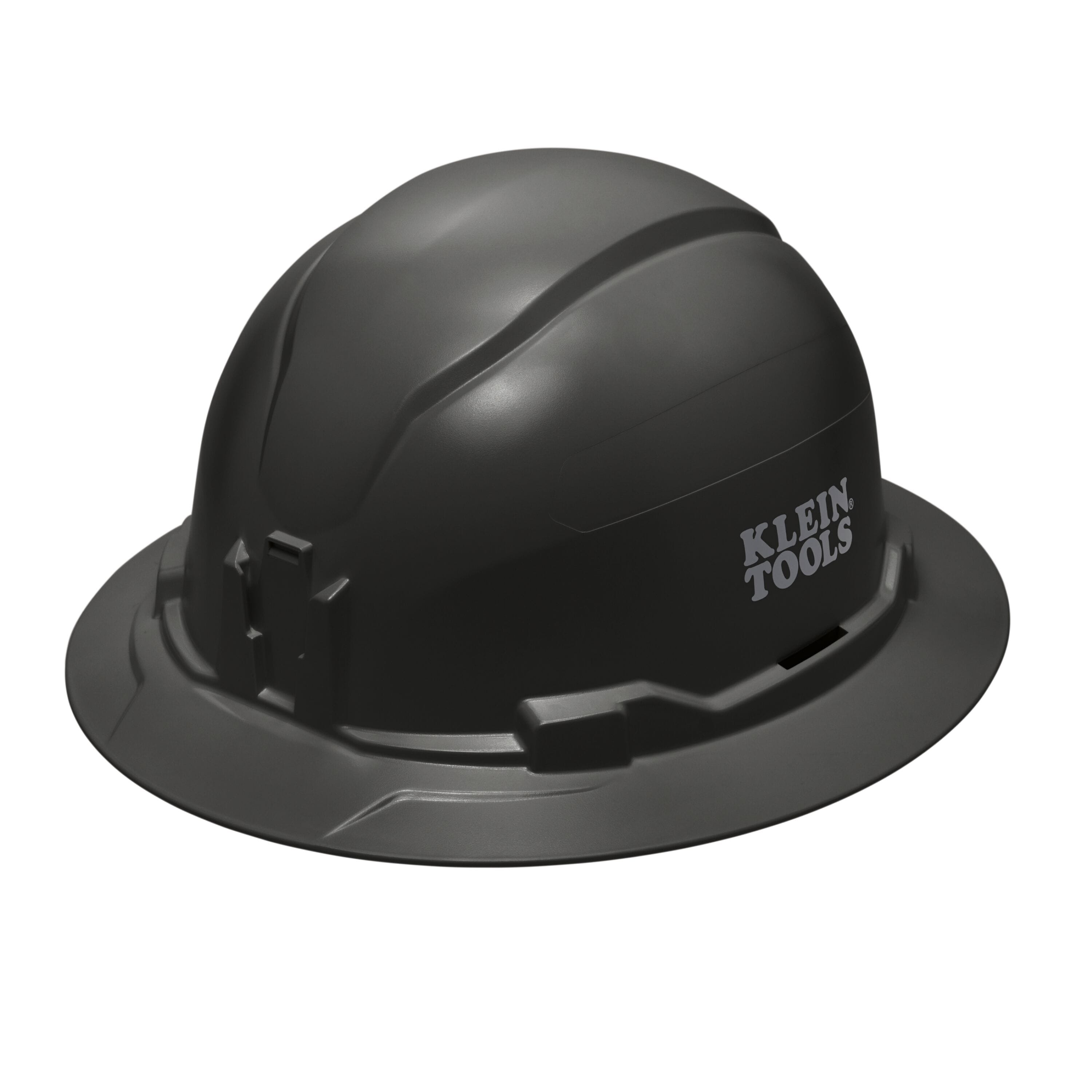 Klein 60960 black non-vented full brim safety hard hat featuring PC/ABS composite construction and integrated strap-free headlamp mounting brackets.