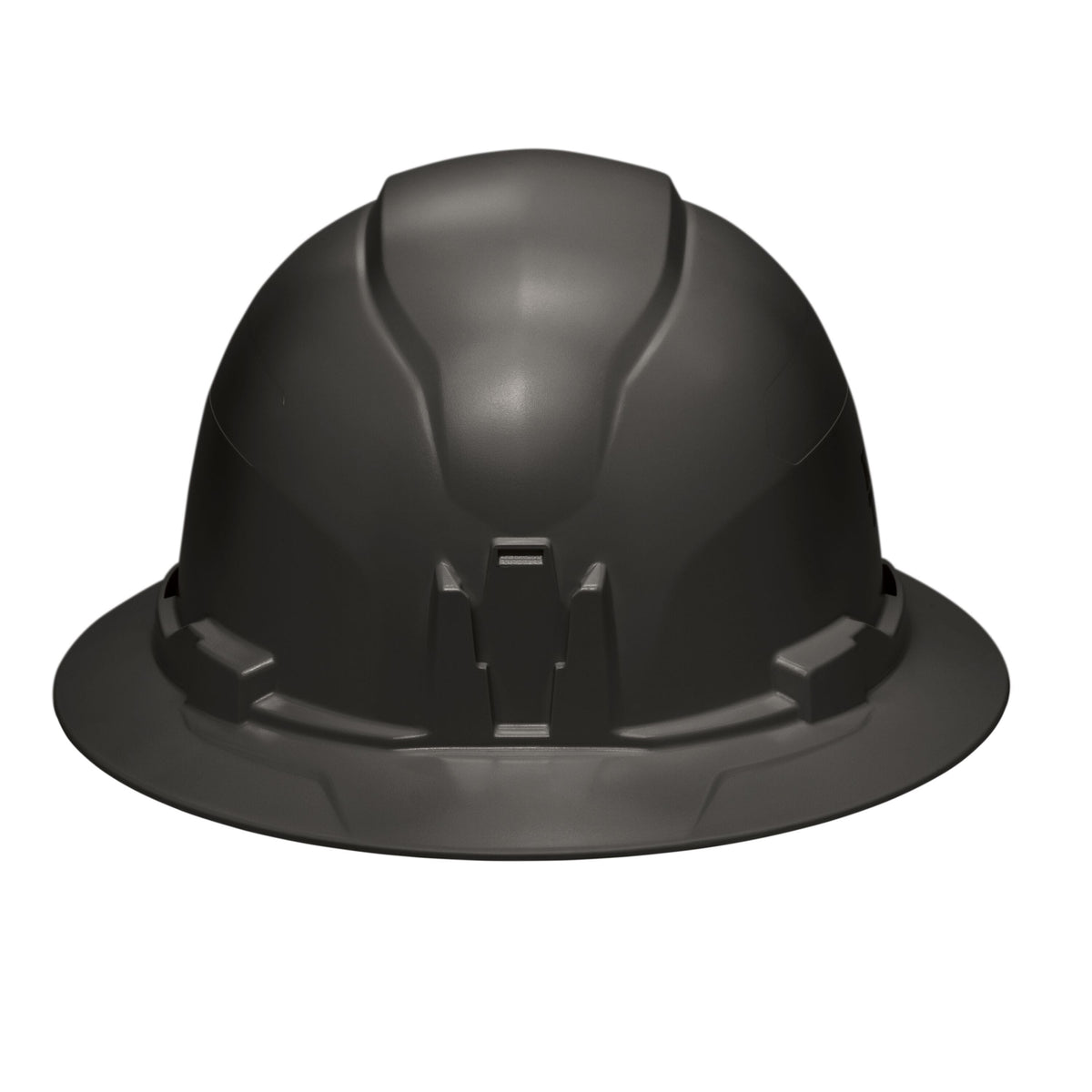 Front profile view of the Klein 60960 black hard hat highlighting the patented built-in accessory mount for strap-free headlamp attachment.