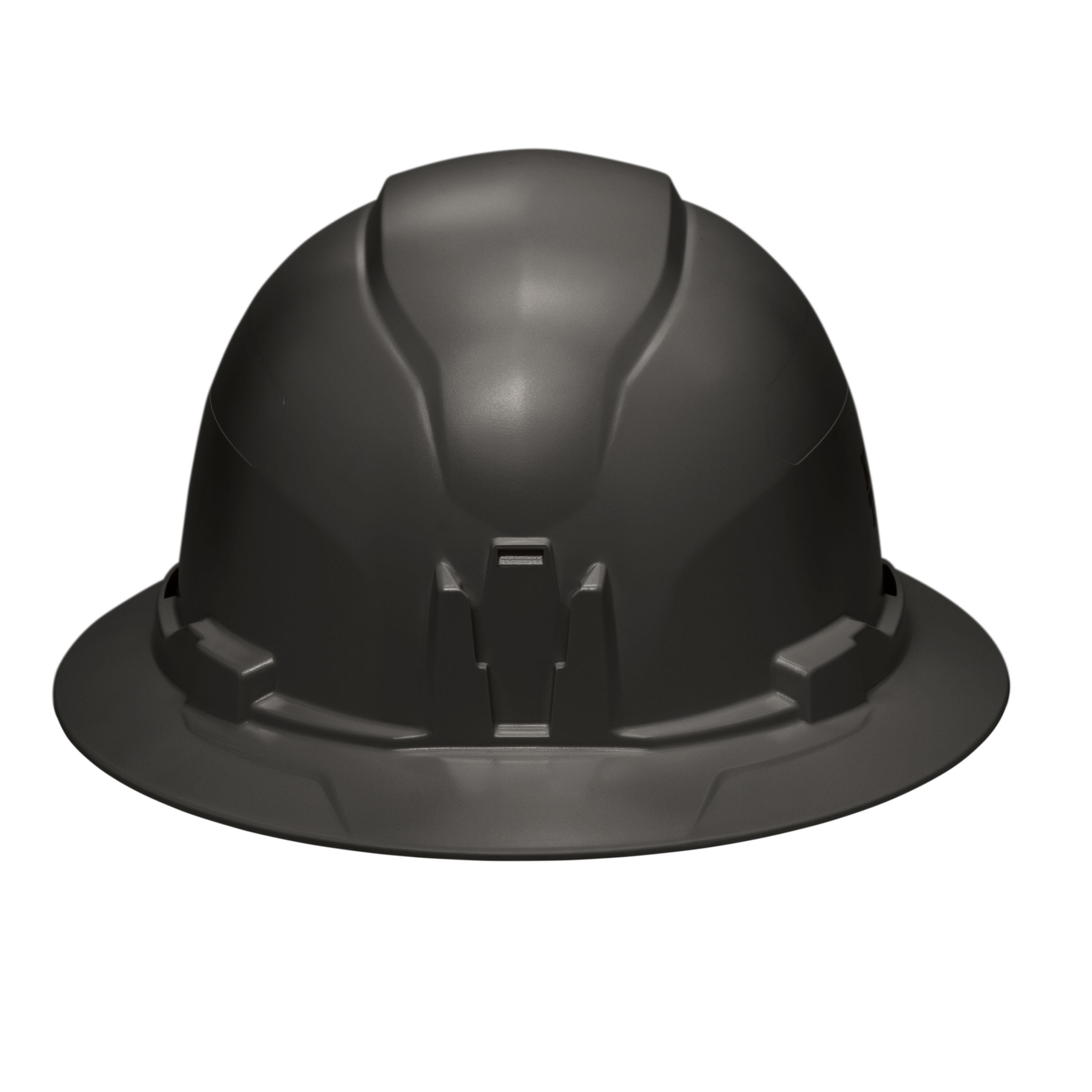 Front profile view of the Klein 60960 black hard hat highlighting the patented built-in accessory mount for strap-free headlamp attachment.