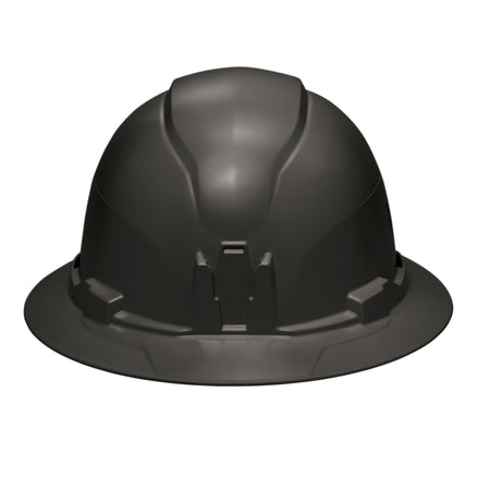 Front profile view of the Klein 60960 black hard hat highlighting the patented built-in accessory mount for strap-free headlamp attachment.