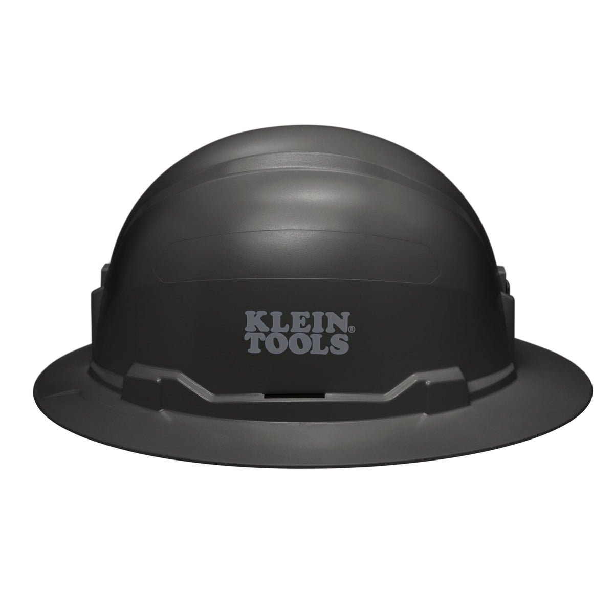 Side view of the Klein 60960 black full brim hard hat displaying the stamped Klein Tools logo and universal accessory slots.