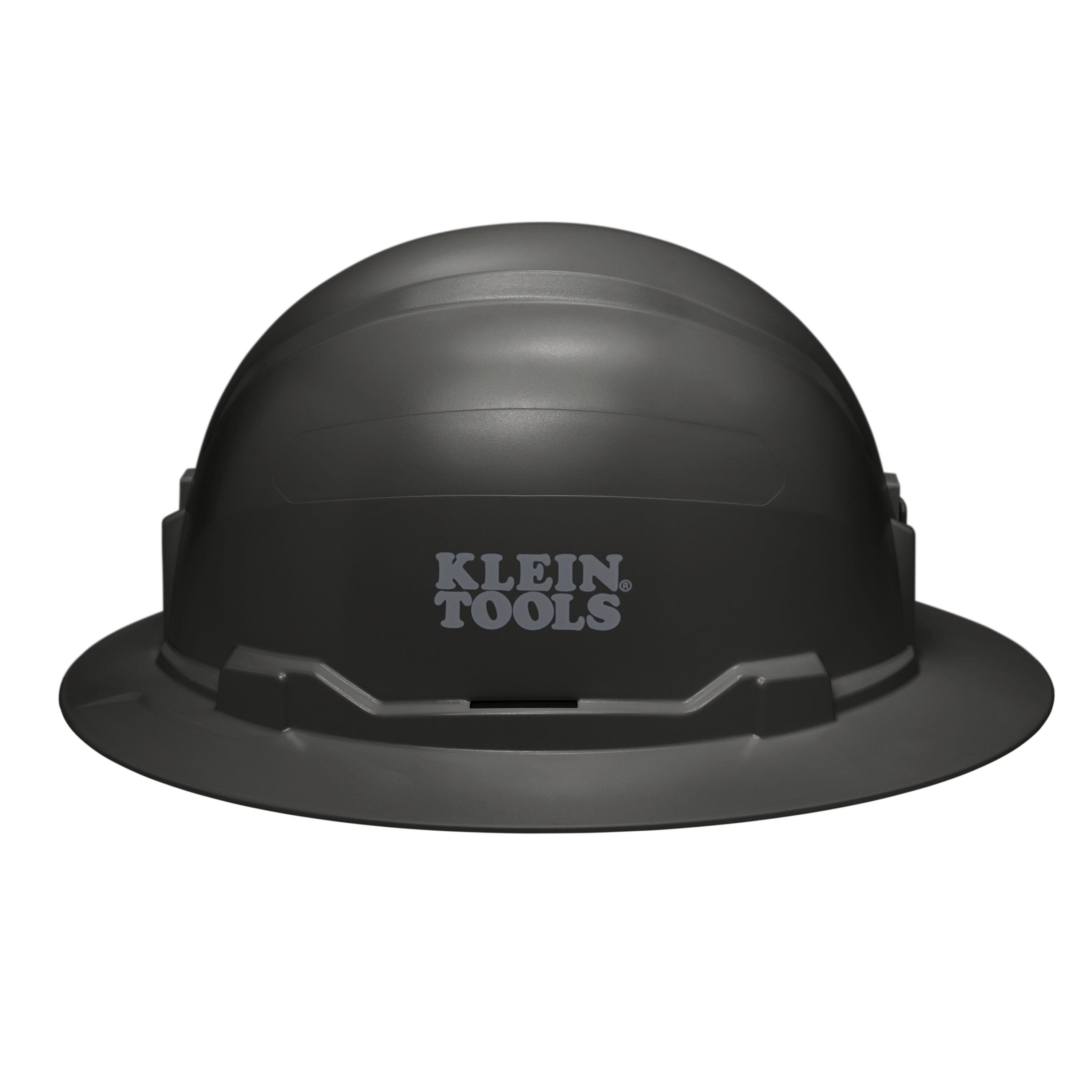 Side view of the Klein 60960 black full brim hard hat displaying the stamped Klein Tools logo and universal accessory slots.